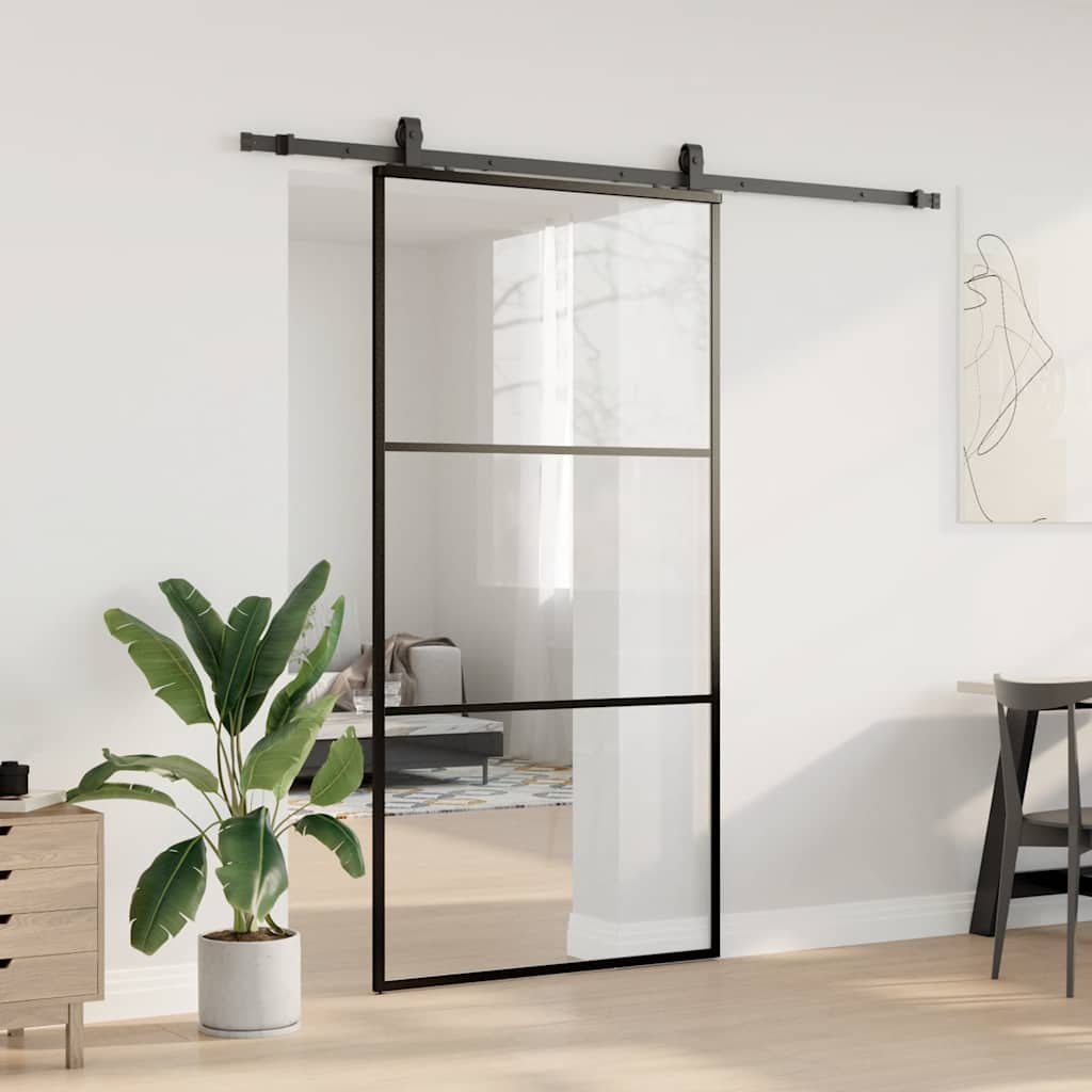 Schiebetür mit Beschlag Schwarz 76x205 cm ESG-Glas