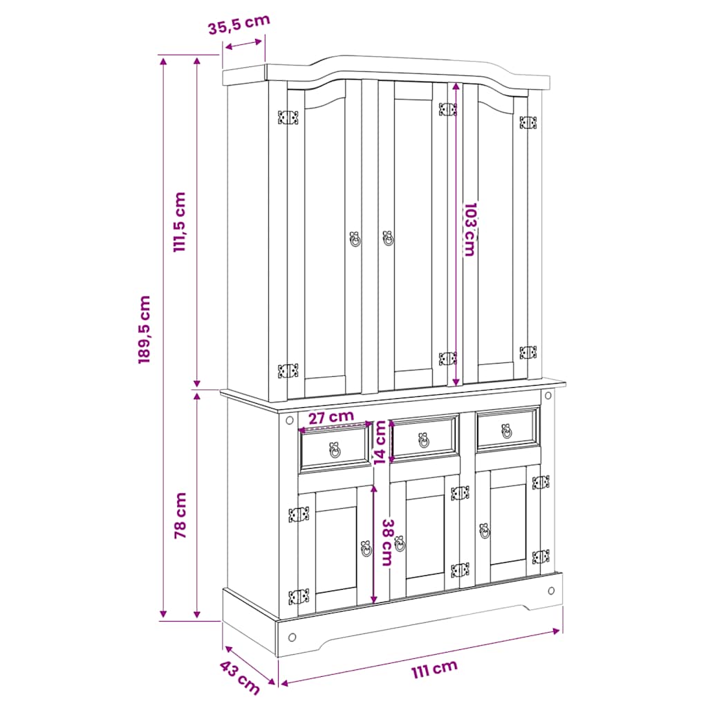 Highboard Corona 112x43x196 cm Massivholz Mexikanische Kiefer