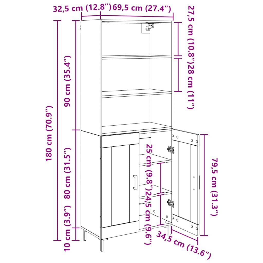 Highboard Hochglanz-Weiß 69,5x34x180 cm Holzwerkstoff