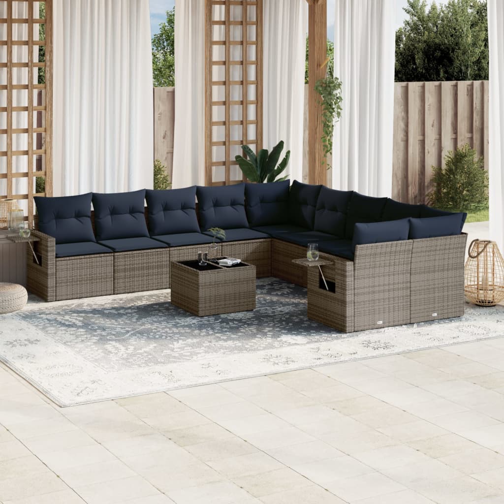 10-teiliges Gartensofa-Set mit Kissen, schwarzes Polyrattan