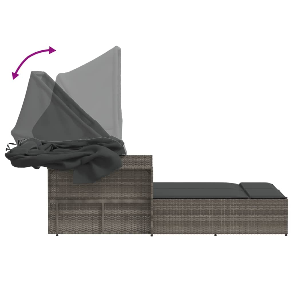 Doppel-Sonnenliege mit Dach und Auflagen Schwarz Poly Rattan