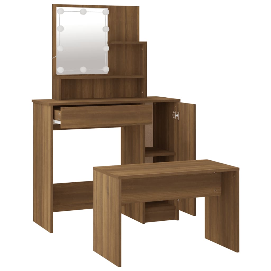 Schminktisch-Set mit LED Weiß Holzwerkstoff