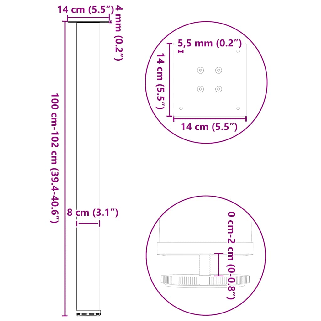 Bartischbeine 4 Stk. Schwarz 100-102 cm Stahl