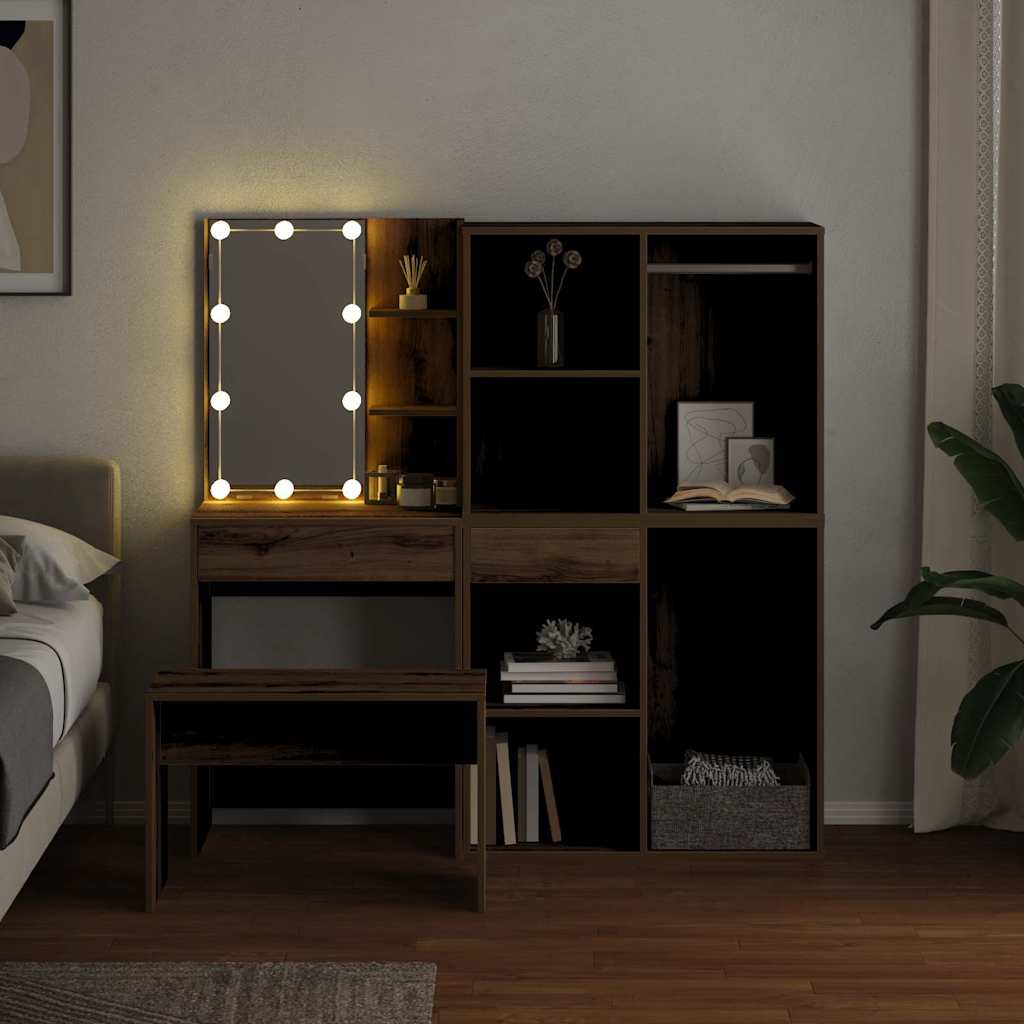 Schminktisch-Set mit LED Weiß Holzwerkstoff