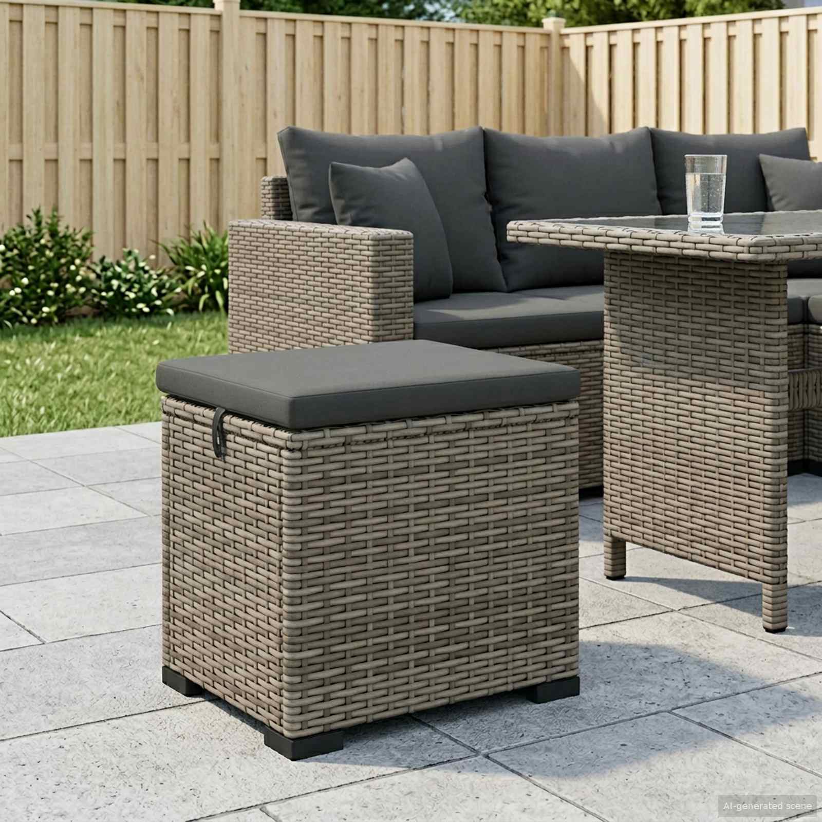 Hocker mit Kissen Schwarz 40x30x40 cm Poly Rattan