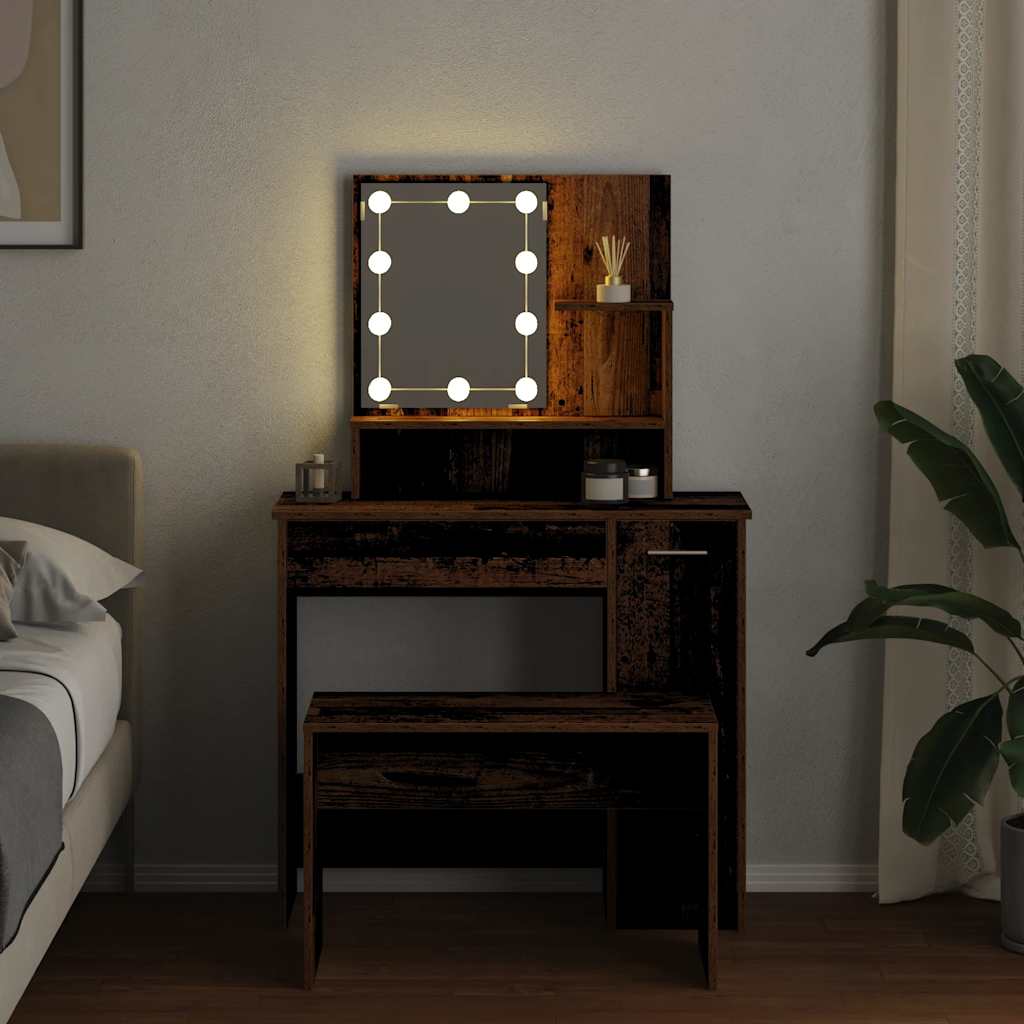 Schminktisch-Set mit LED Weiß Holzwerkstoff