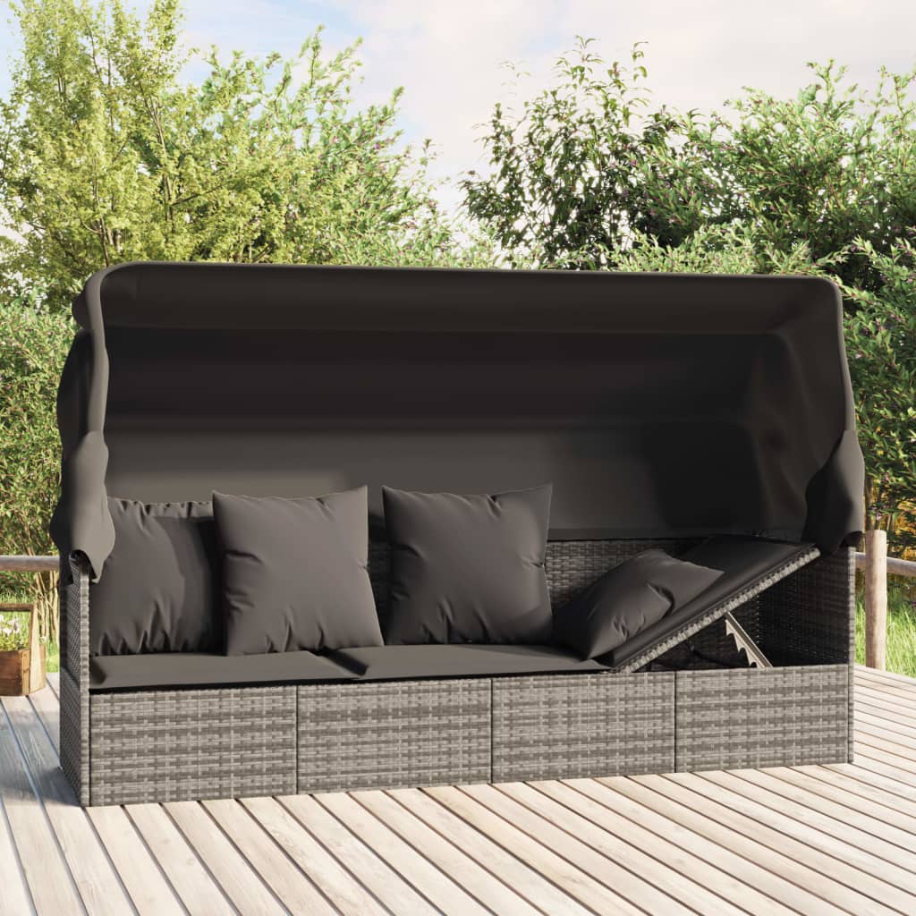 Outdoor-Loungebett mit Dach und Kissen Schwarz Poly Rattan