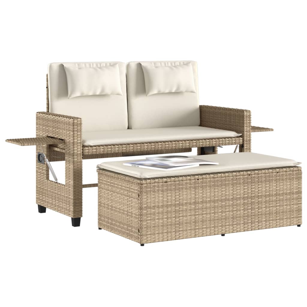 Gartenbank Verstellbar mit Kissen Schwarz Poly Rattan