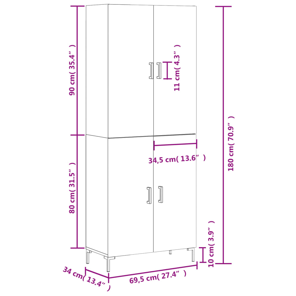 Highboard Betongrau 69,5x34x180 cm Holzwerkstoff
