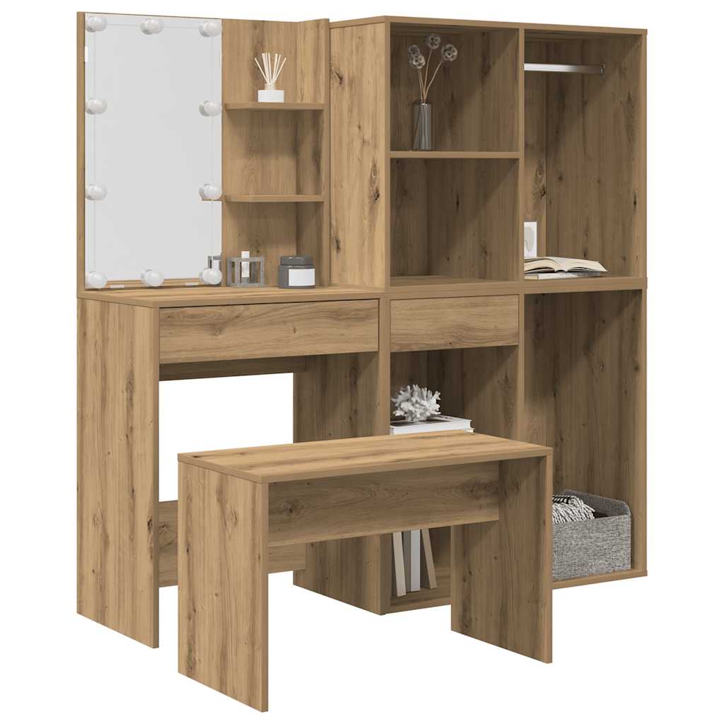Schminktisch-Set mit LED Weiß Holzwerkstoff