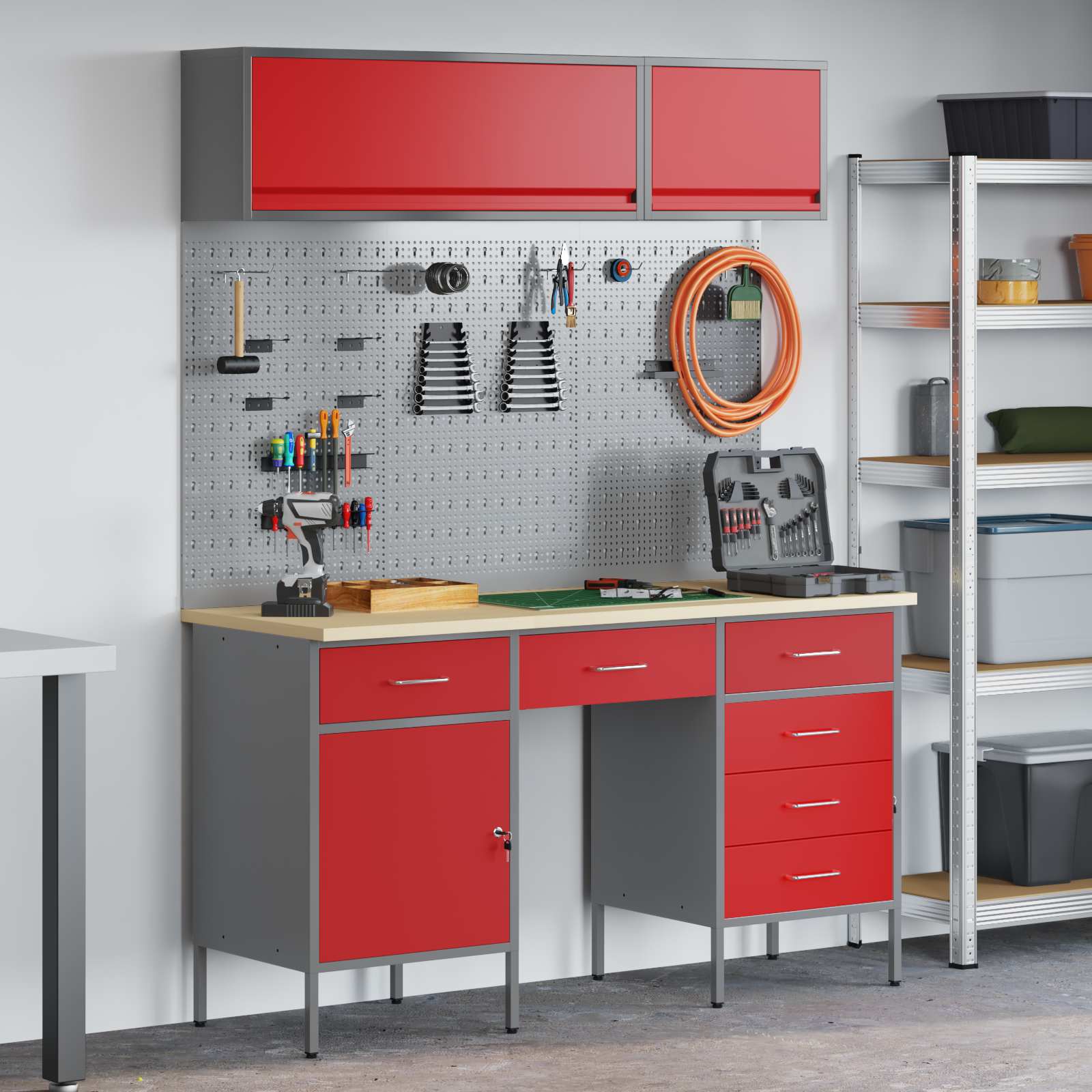Arbeitsschrankset mit Schubladen mit Regal 8 pcs Grau