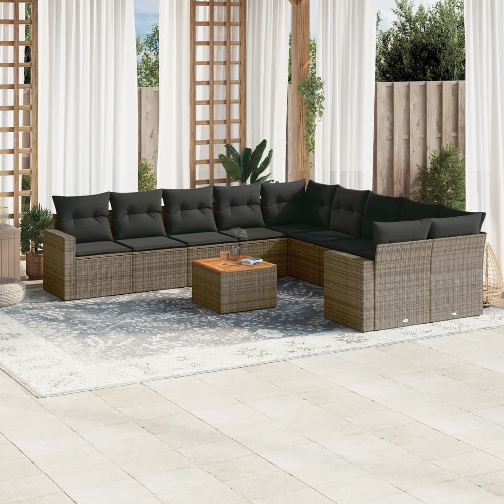 11-tlg. Garten-Sofagarnitur mit Kissen Schwarz Poly Rattan