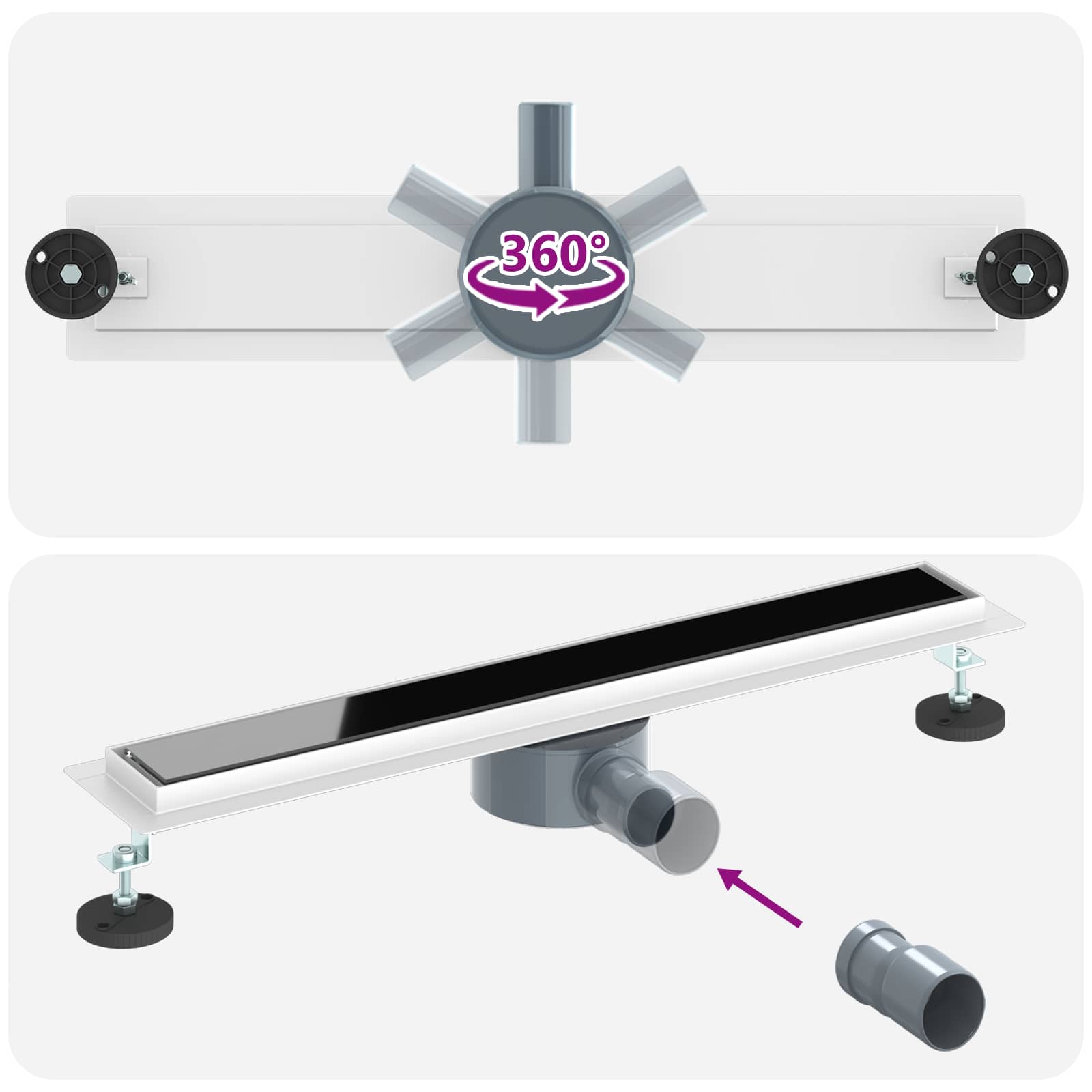 Duschabfluss mit Glashülle und 360° Siphon Schwarz 50 cm