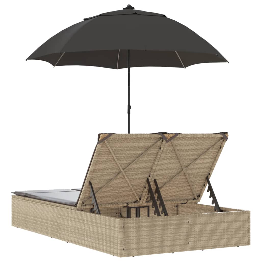 Doppel-Sonnenliege mit Kissen&Sonnenschirm Schwarz Poly Rattan
