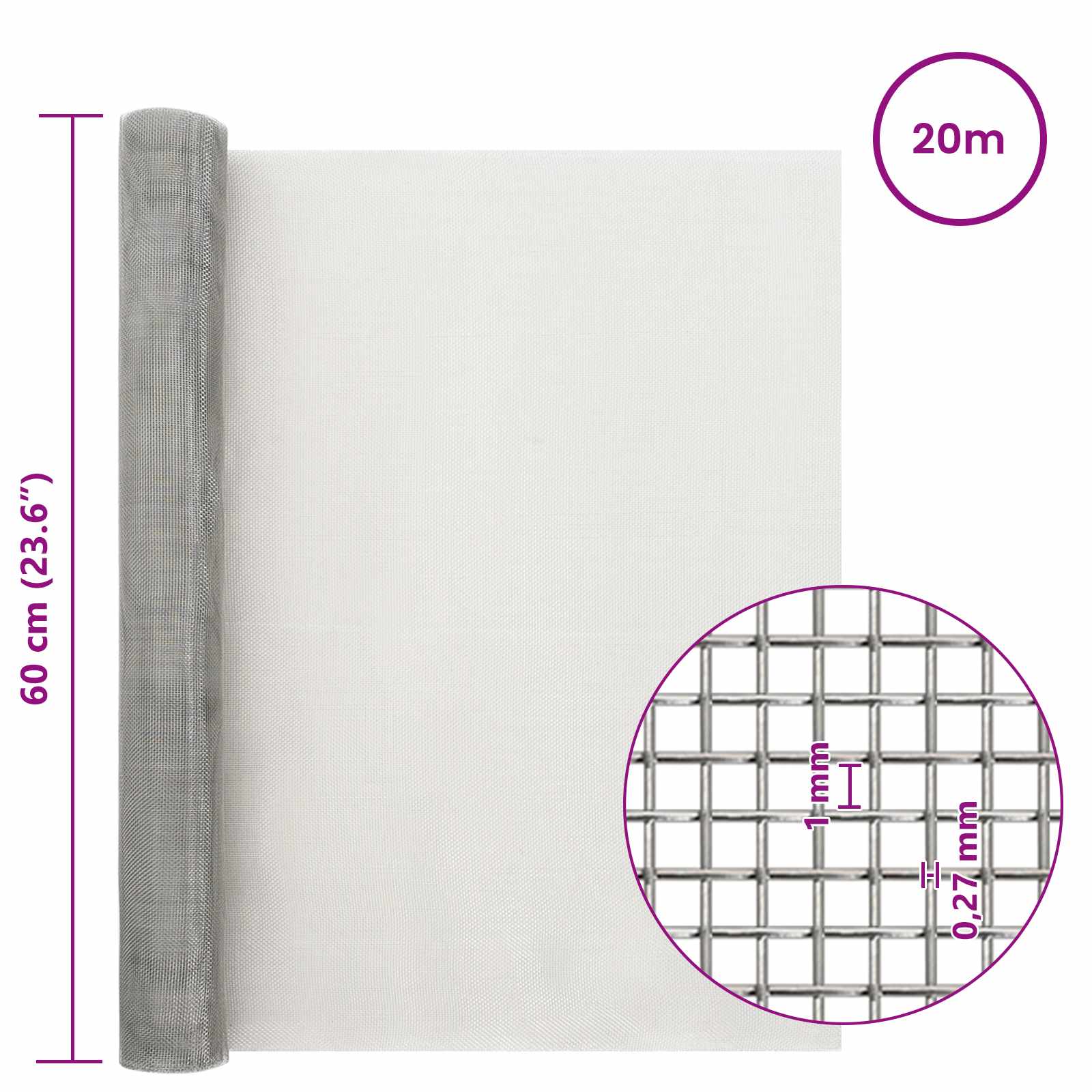 Mesh Bildschirm 20 x 500 cm 20 Mesh Edelstahl 201 Silber