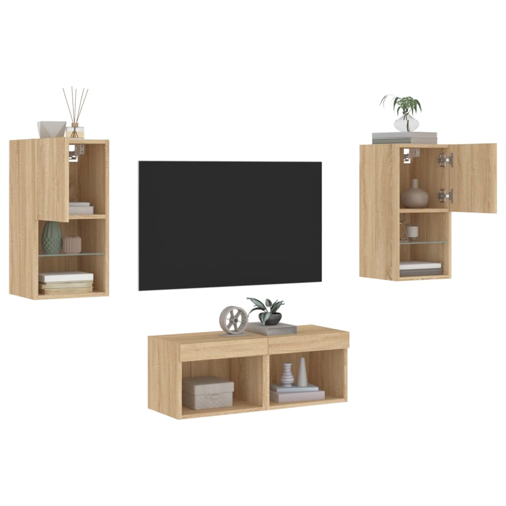4-tlg. TV-Wohnwand mit LED-Leuchten Weiß