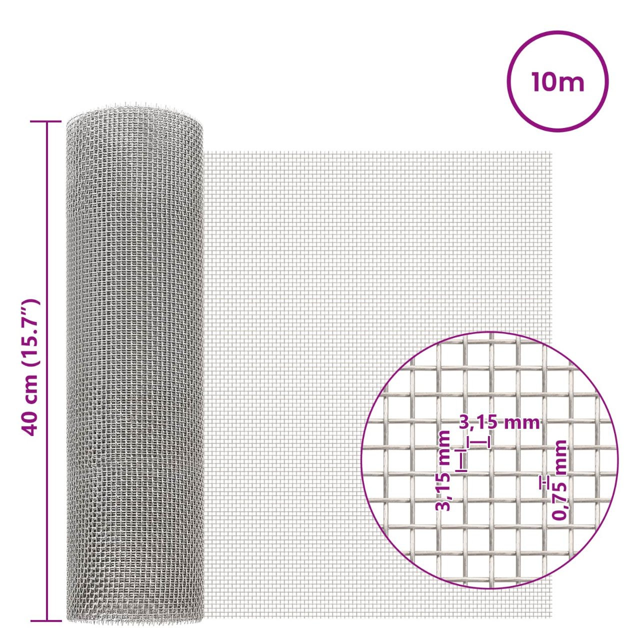 Mesh Bildschirm 20 x 500 cm 20 Mesh Edelstahl 201 Silber
