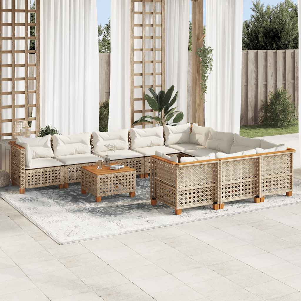 10-tlg. Garten-Sofagarnitur mit Kissen Beige Poly Rattan