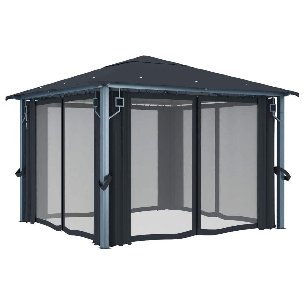 Pavillon mit Vorhängen & LED-Lichterkette 300x300 cm Creme Alu
