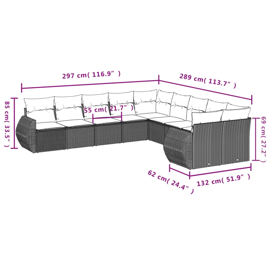 10-teiliges Gartensofa-Set mit Kissen, schwarzes Polyrattan
