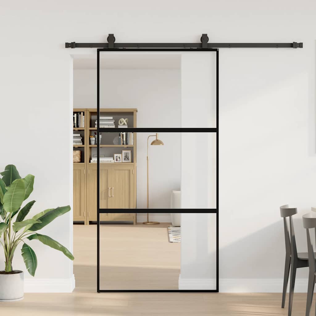 Schiebetür mit Beschlag Schwarz 76x205 cm Hartglas