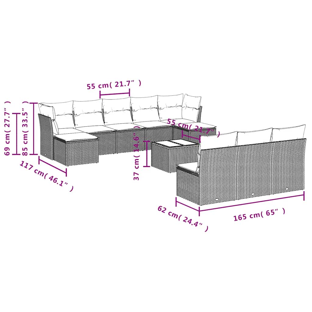 10-tlg. Garten-Sofagarnitur mit Kissen Schwarz Poly Rattan