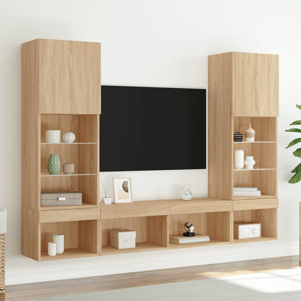 5-tlg. Wohnwand mit LED-Beleuchtung Weiß Holzwerkstoff