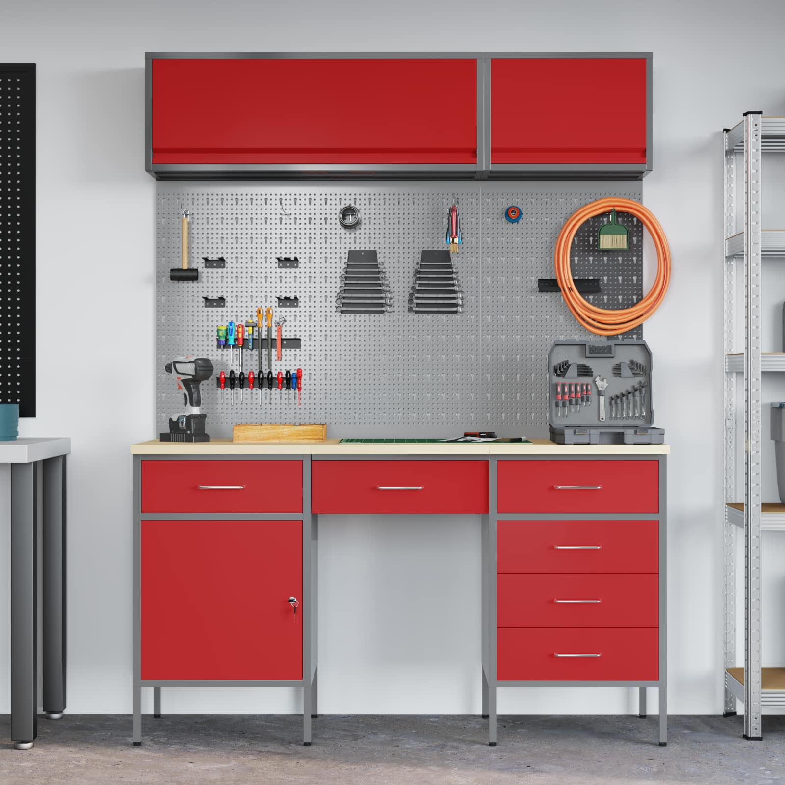 Arbeitsschrankset mit Schubladen mit Regal 8 pcs Grau