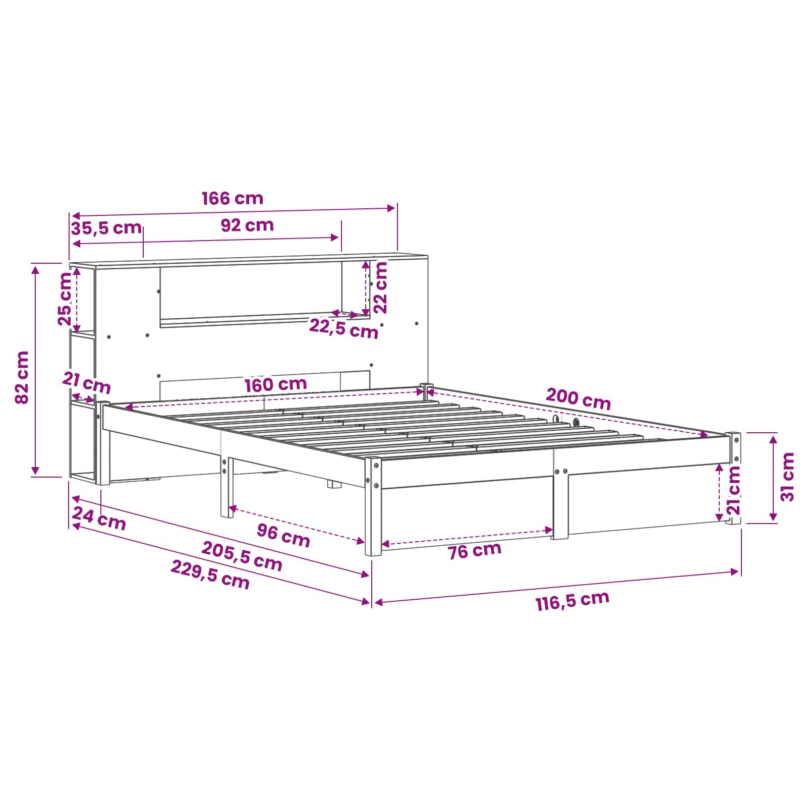Bettgestell mit Aufbewahrungskopfteil 2 pcs Wachsbraun