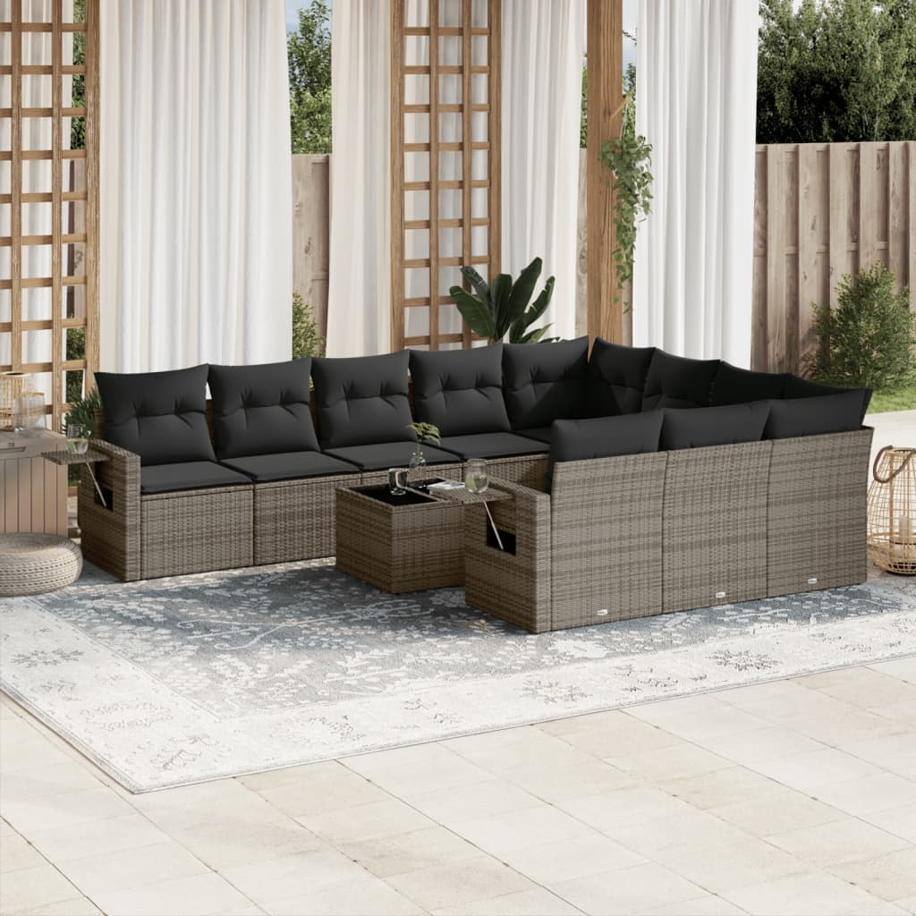 10-tlg. Garten-Sofagarnitur mit Kissen Schwarz Poly Rattan