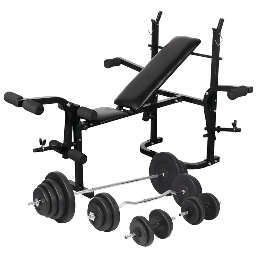 Trainingsbank mit Ablage, Langhantel und Kurzhantel Set 60,5 kg