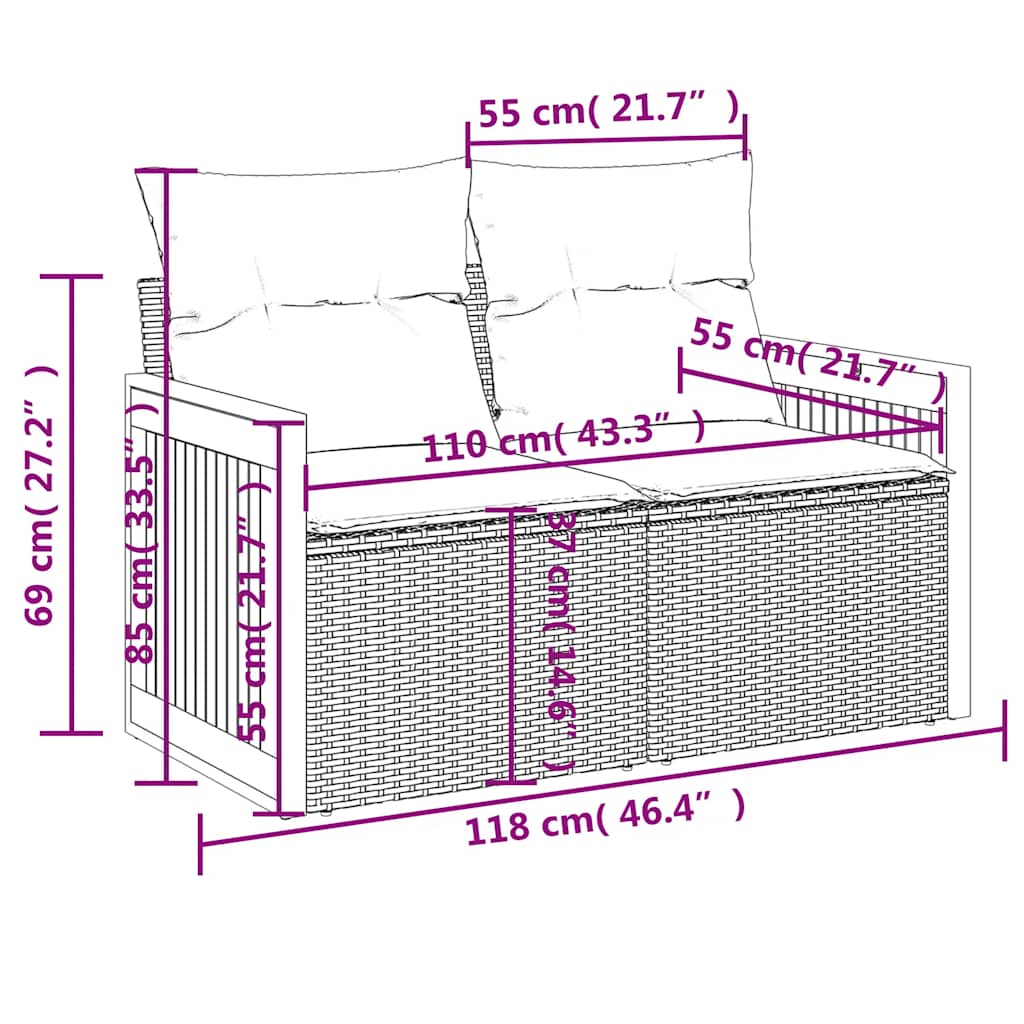 10-teiliges Gartensofa-Set mit Kissen, schwarzes Polyrattan
