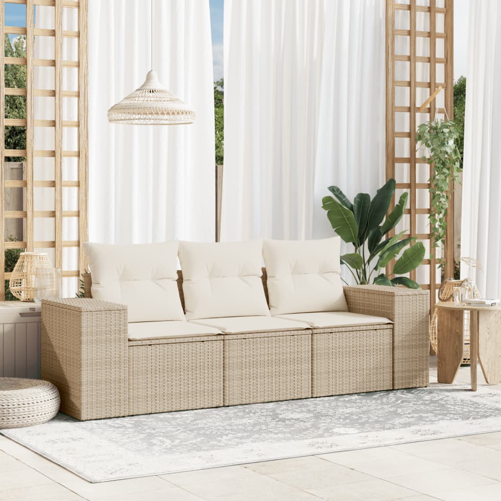 3-tlg. Garten-Sofagarnitur mit Kissen Schwarz Poly Rattan