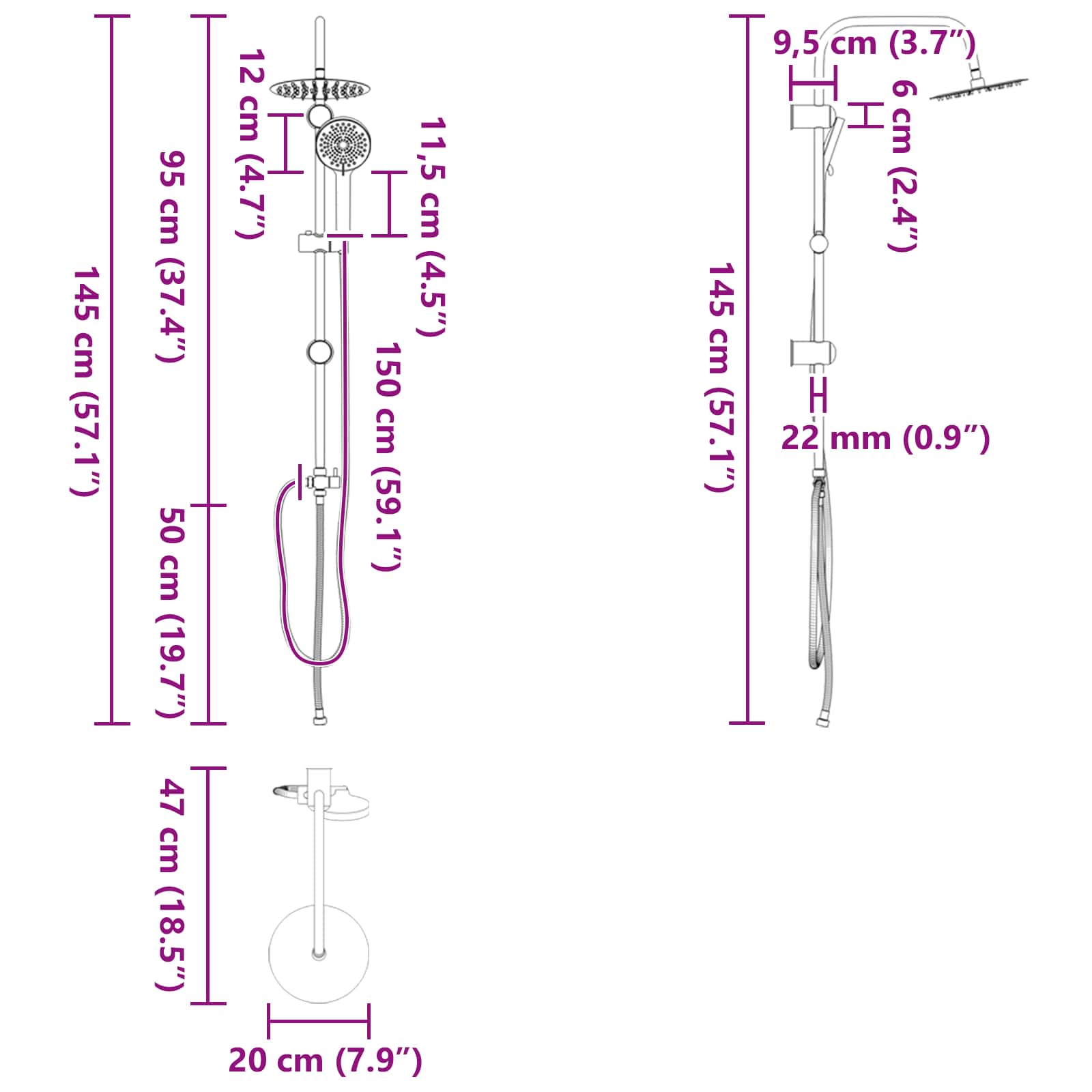 Duschsystem Silber 47 x 20 x 95 cm Edelstahl