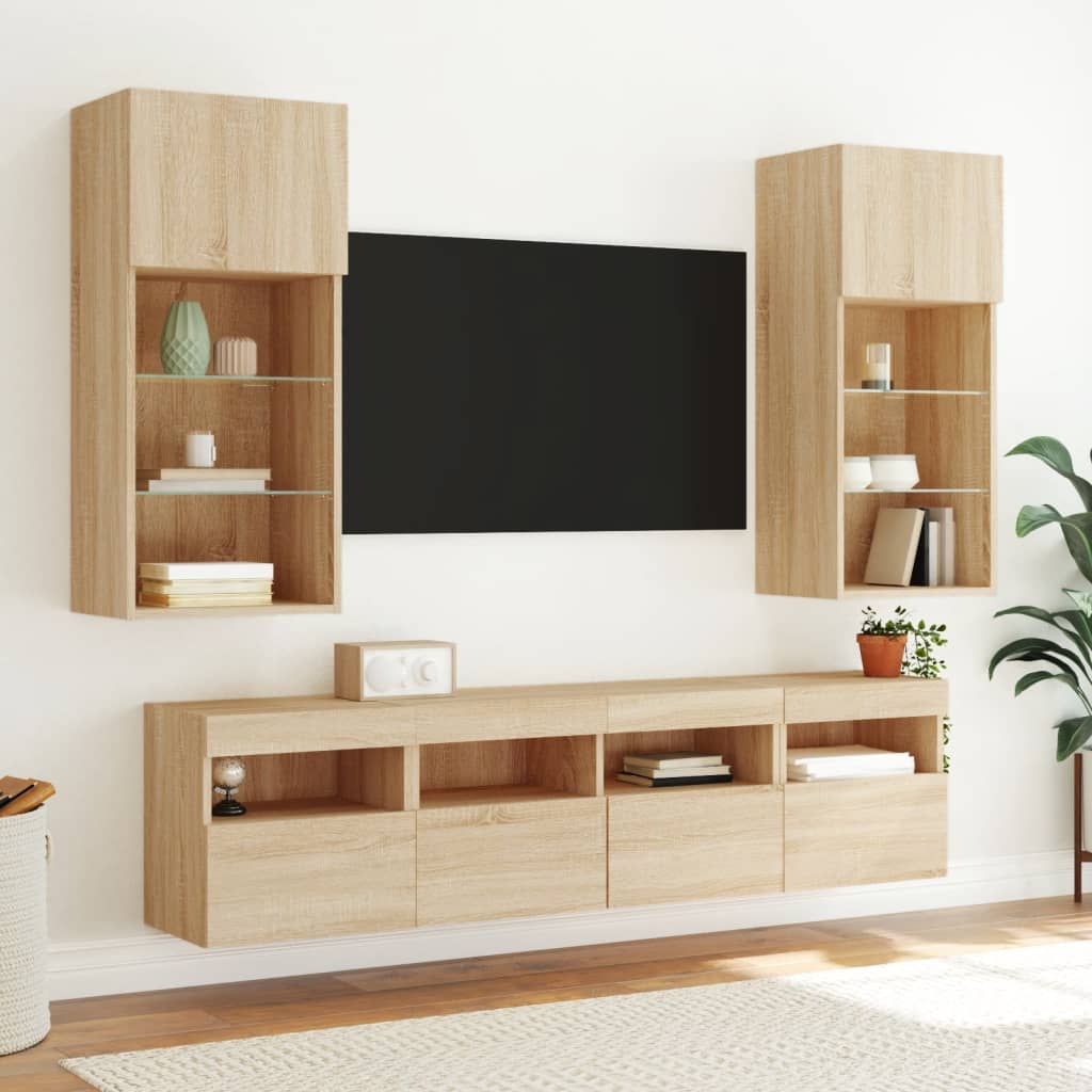 5-tlg. Wohnwand mit LED-Beleuchtung Weiß Holzwerkstoff