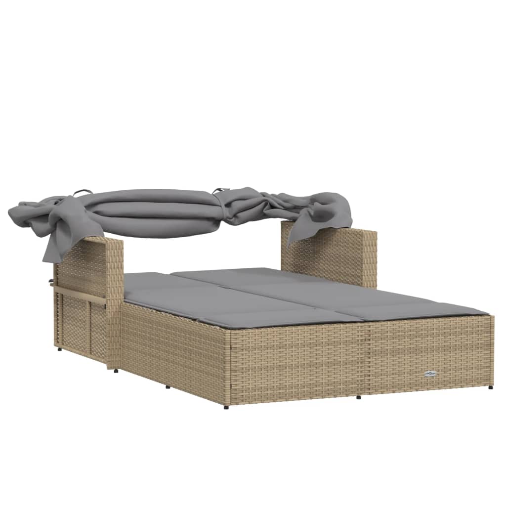 Doppel-Sonnenliege mit Dach und Auflagen Schwarz Poly Rattan
