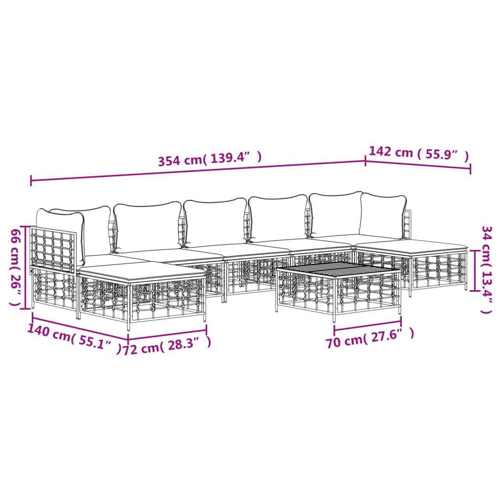 7-tlg. Garten-Lounge-Set mit Kissen Anthrazit Poly Rattan