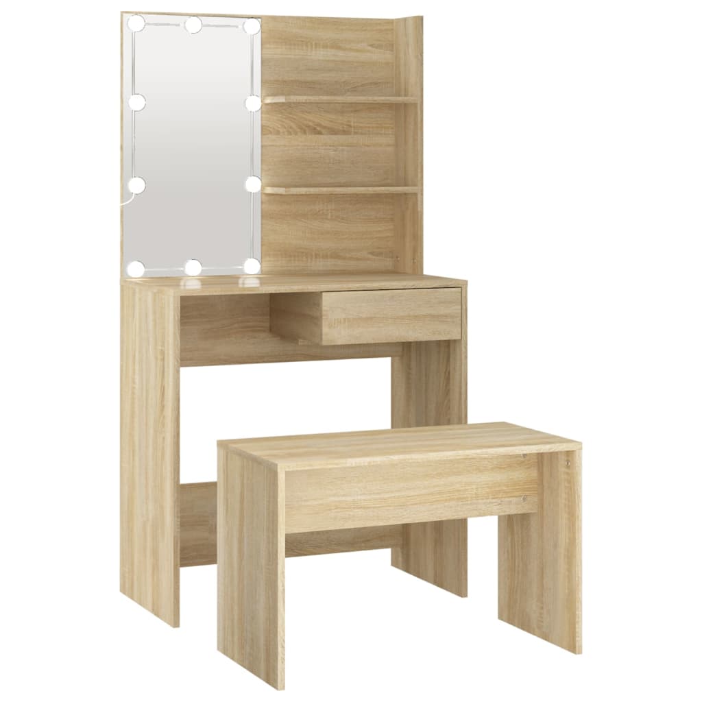 Schminktisch-Set mit LED Weiß Holzwerkstoff
