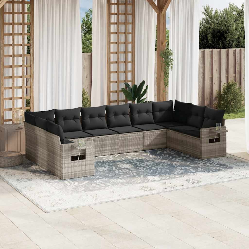 10-tlg. Garten-Sofagarnitur mit Kissen Schwarz Poly Rattan