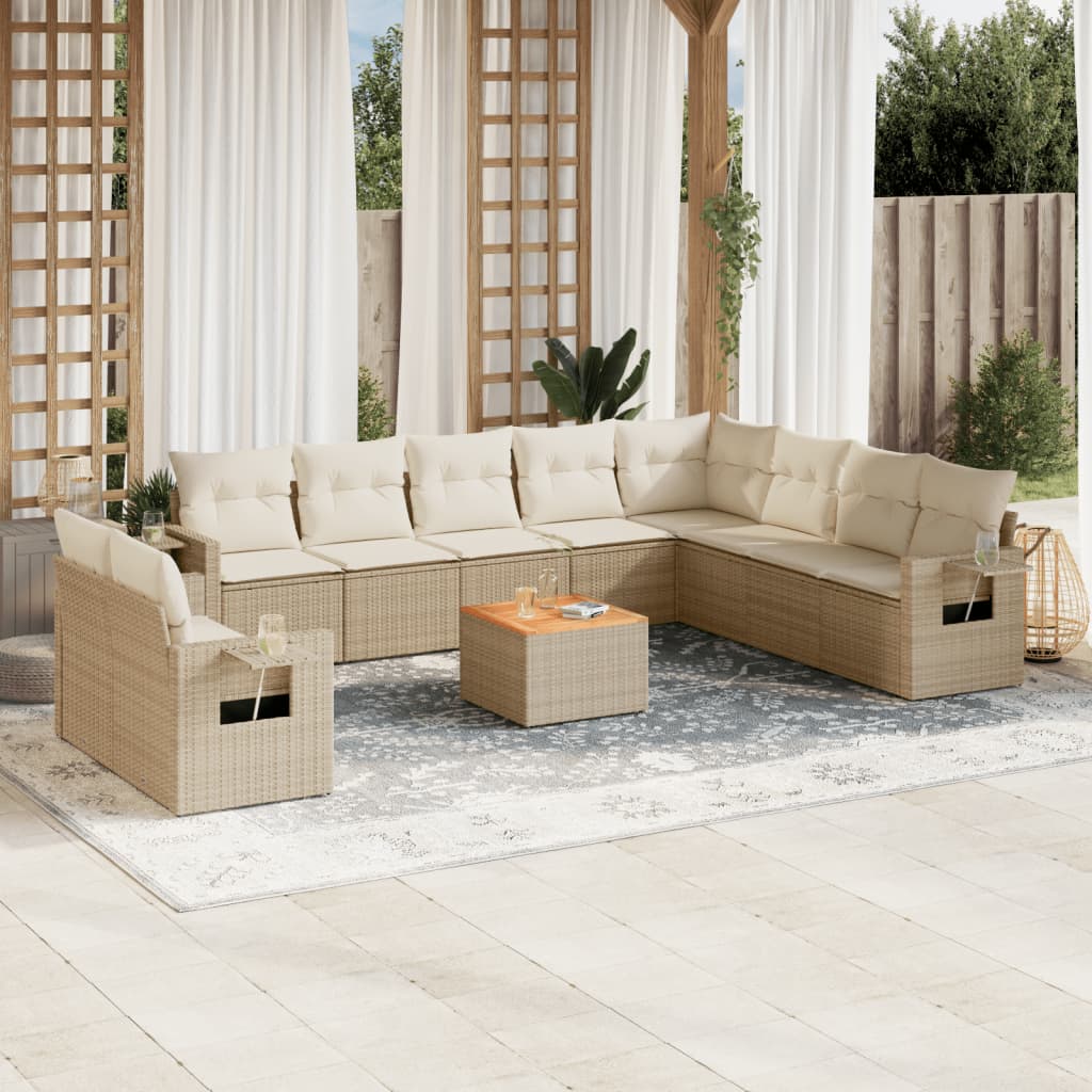 11-tlg. Garten-Sofagarnitur mit Kissen Schwarz Poly Rattan