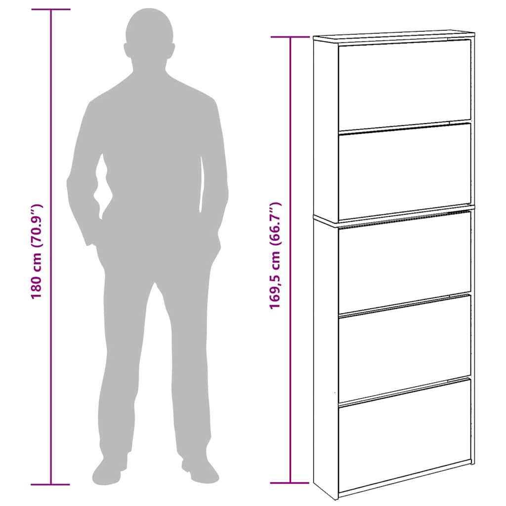 Schuhschrank mit 5 Fächern Spiegel Eiche 63x17x169,5 cm