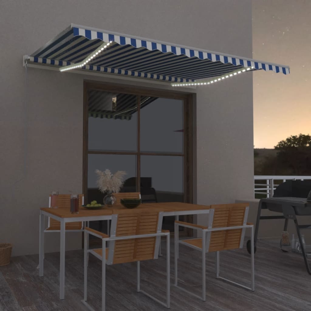 Markise Manuell Einziehbar mit LED 300x250 cm Blau und Weiß