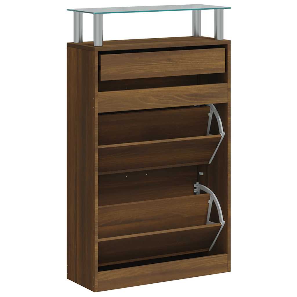 Schuhschrank mit Schubfach und oberem Glasregal Holz Weiß