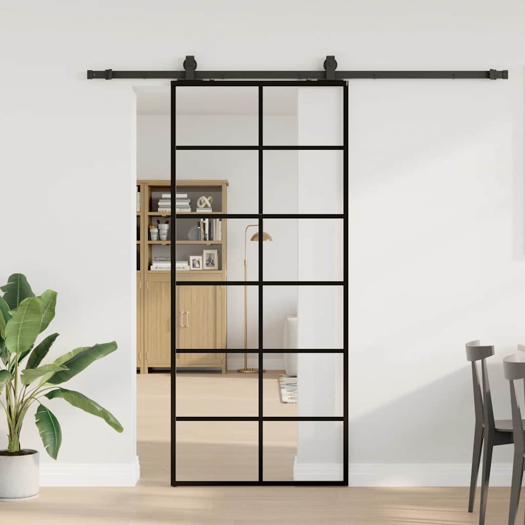Schiebetür mit Beschlag Schwarz 76x205 cm ESG-Glas