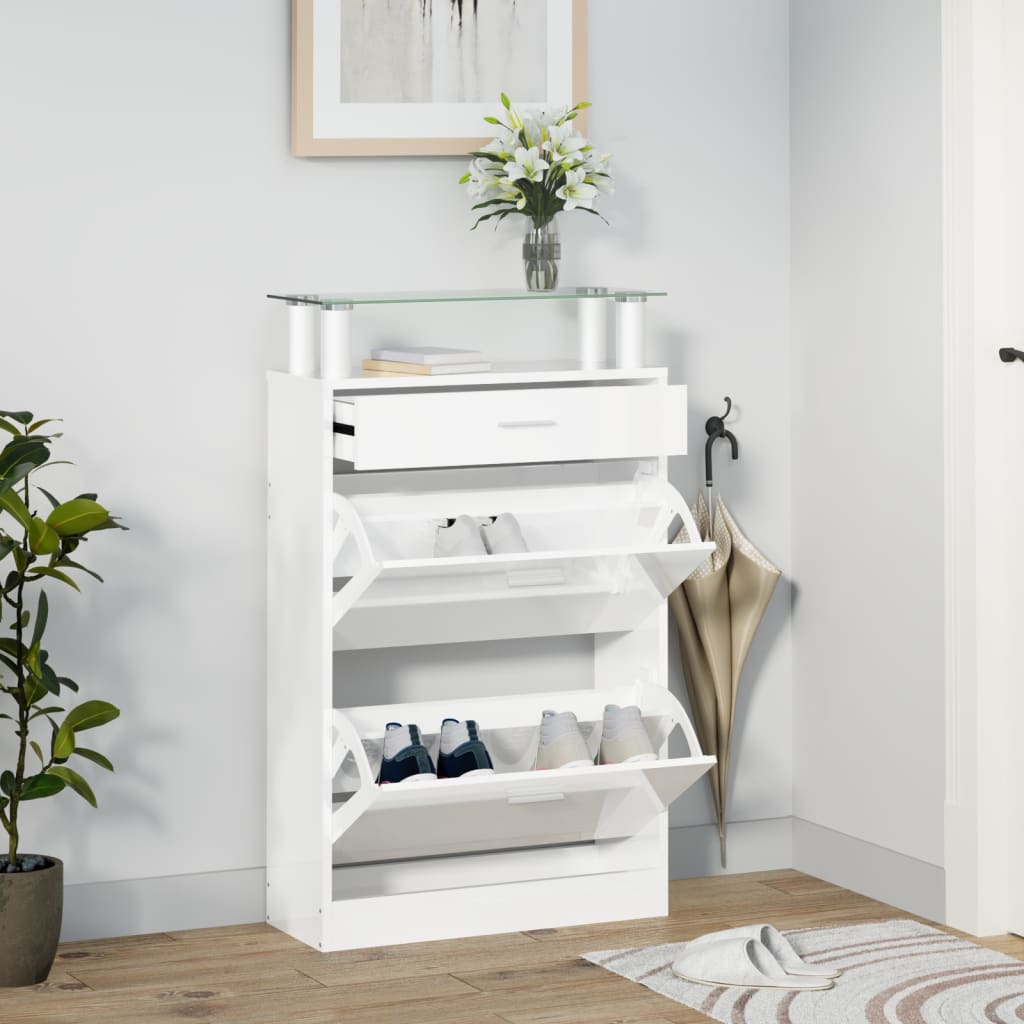 Schuhschrank mit Schubfach und oberem Glasregal Holz Weiß