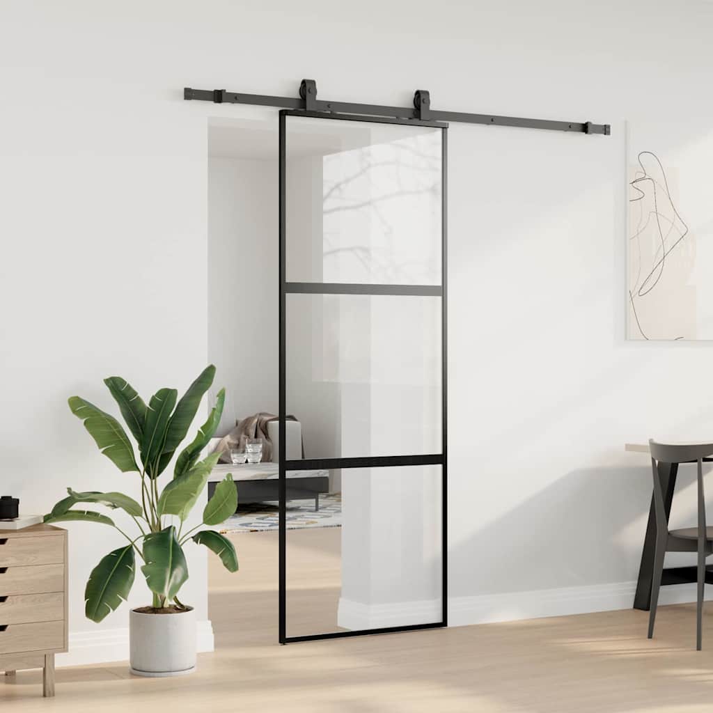 Schiebetür mit Beschlag Schwarz 76x205 cm Hartglas