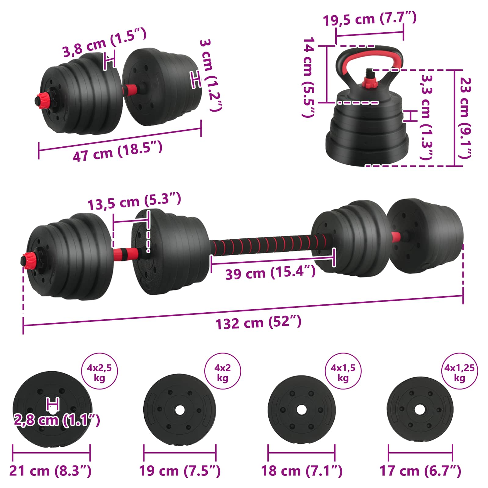 2-in-1 Hantelset 40kg Schwarz und Rot Zement und Eisensand