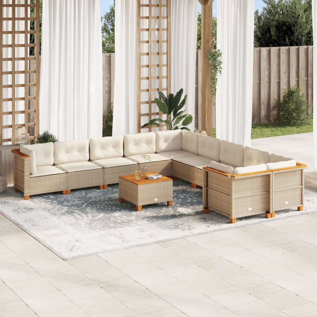 10-tlg. Garten-Sofagarnitur mit Kissen Beige Poly Rattan