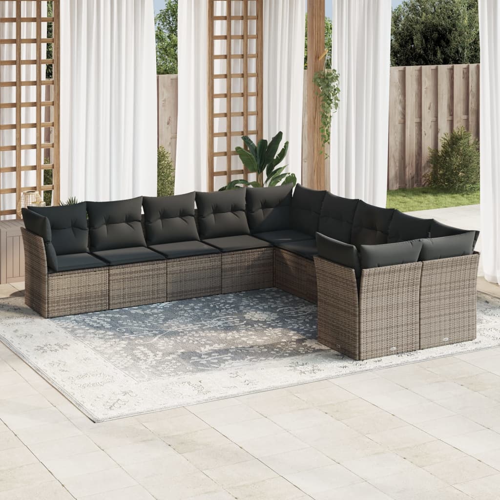 10-tlg. Garten-Sofagarnitur mit Kissen Schwarz Poly Rattan
