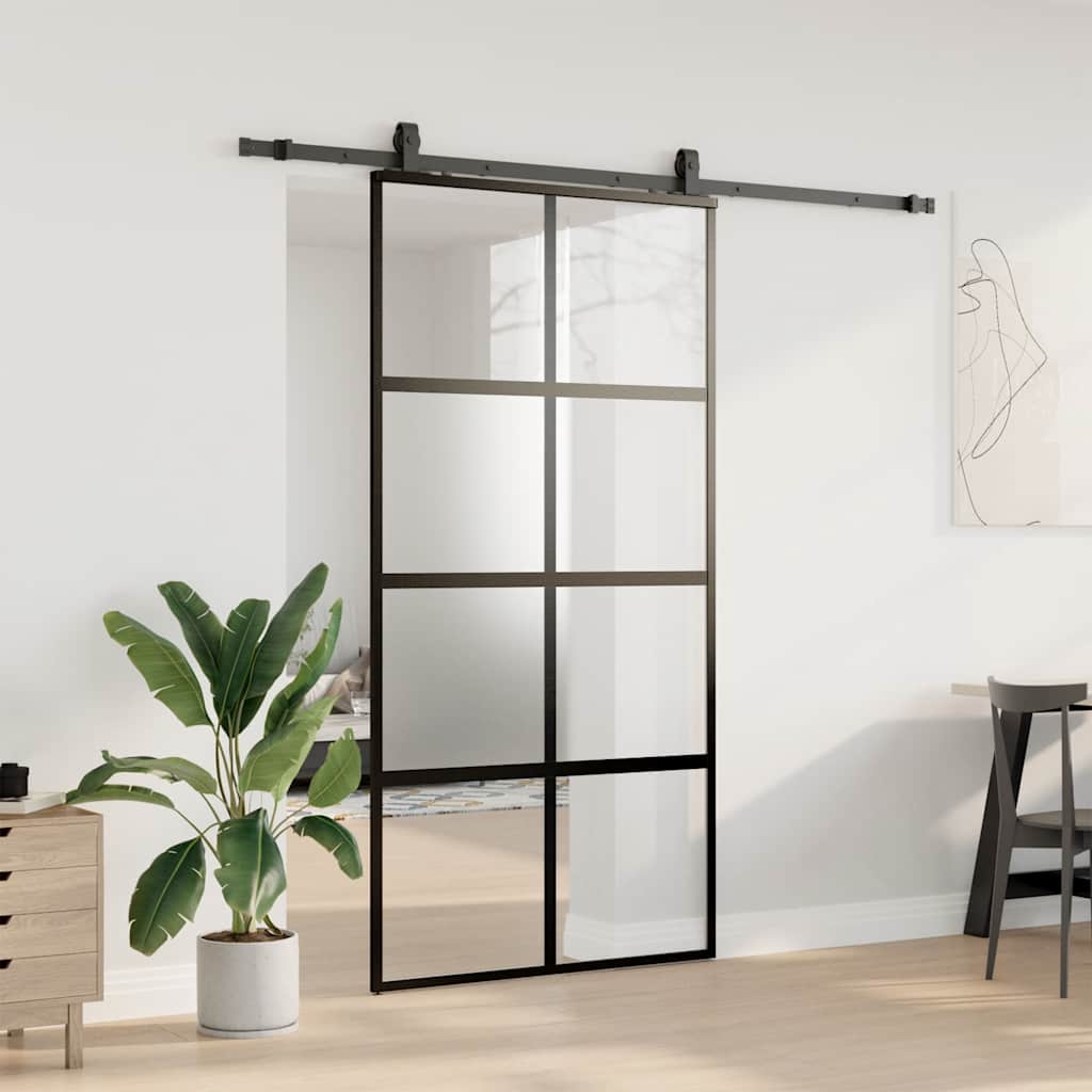 Schiebetür mit Beschlag Schwarz 76x205 cm Hartglas
